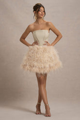 Champagne Strapless Mini Dress With Volume Feather Hem